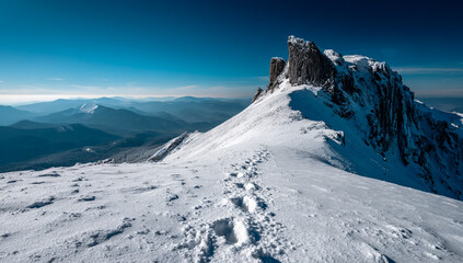 Footprints lead up a snow-covered mountain ridge towards a jagged peak under a clear blue sky