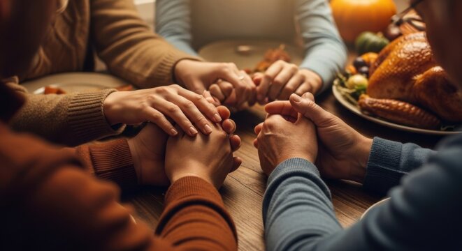 Thanksgiving family gathering around the dinner table with prayers and traditions