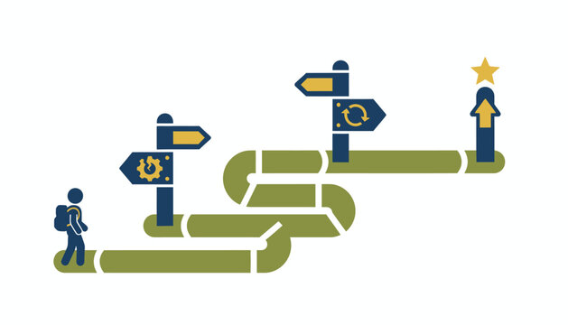 Person walking on a challenging winding path with multiple decision points and process steps, moving upwards towards a star representing a goal or objective