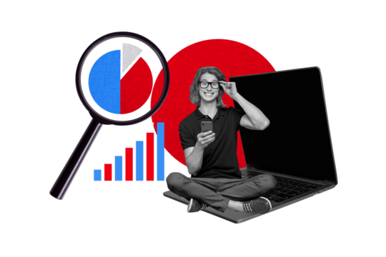 Creative sketch collage of happy freelancer man hold phone sit laptop diagram statistics development magnifier zoom vacancy chart - Powered by Adobe