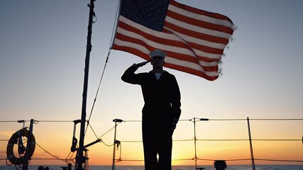 Patriotic US Navy Sailor Saluting the American Flag on a Ship Deck Against a Golden Sunset Sky Embodying Military Service Honor and Freedom