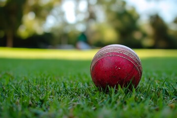 Crimson Cricket Ball on Lush Green Grass, Capturing the Essence of Passionate Sporting Tradition