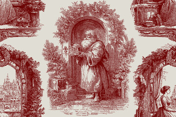 Traditional European Christmas scenes. Seamless vector pattern. Vintage engraving or ink drawing style vector illustration.