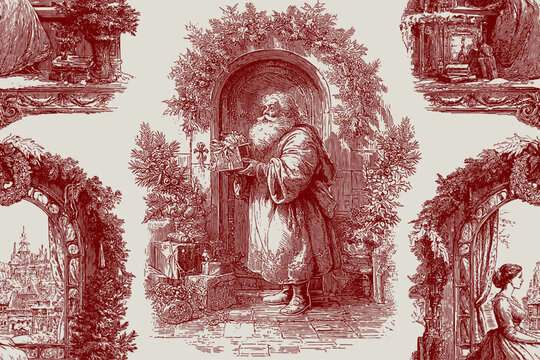 Traditional European Christmas scenes. Seamless vector pattern. Vintage engraving or ink drawing style vector illustration.