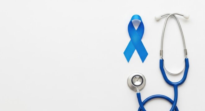 Blue ribbon and stethoscope symbolizing health awareness and medical support