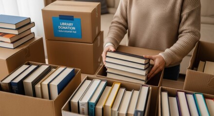 Organizing book donation boxes for library educational aid or charity drive