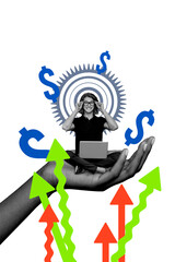 Vertical photo collage of happy businessman freelancer sit human palm arrow dollar income hold laptop target isolated on painted background