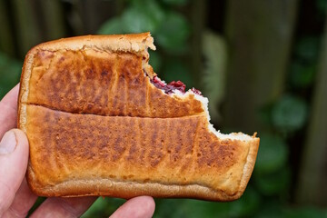 hand holding one brown piece of pie with red jam on green background on summer street