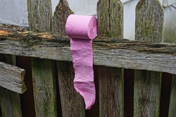 one red paper roll of toilet paper lies on the gray board of an old wooden fence on a rural summer street