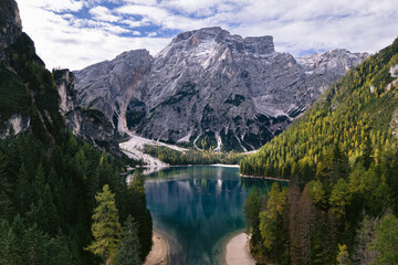 Aerial View Lago Braies Reflecting