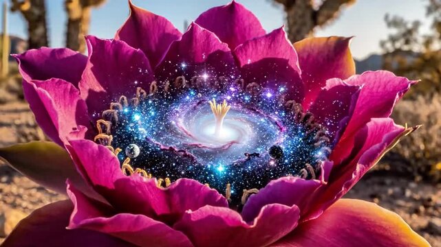 A desert flower rapidly blooms in real-time, its petals unfolding to reveal a miniature, spinning galaxy inside. Cinematic, ultra-slow motion