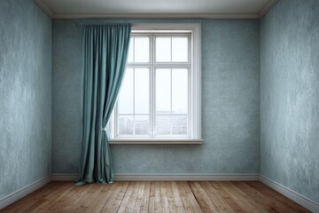 Fototapeta premium Empty room with turquoise curtain and window view.