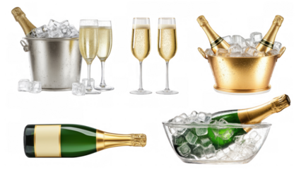 Champagne bottles and glasses displayed with ice, AI, PNG