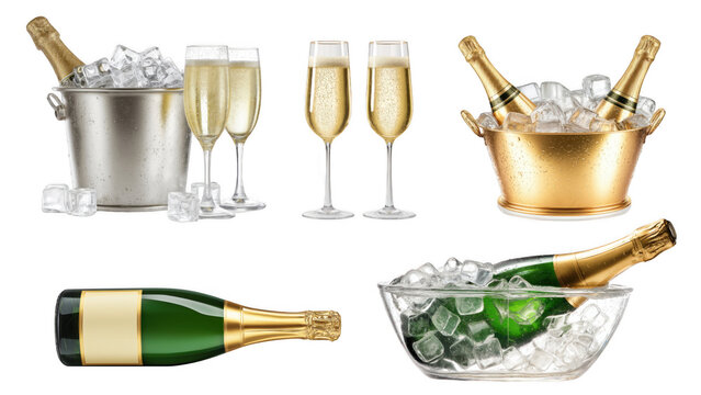 Champagne bottles and glasses displayed with ice, AI, PNG