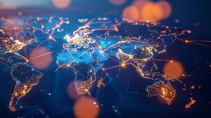 Global Network Connections Showing City Lights Across Continents At Night With Connected Lines and Bokeh Effects - Powered by Adobe