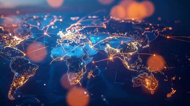 Global Network Connections Showing City Lights Across Continents At Night With Connected Lines and Bokeh Effects - Powered by Adobe