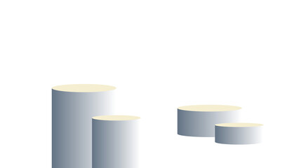 Set of four 3D cylinder podiums with yellow tops, isolated on a white background. Pedestals at varying heights. Minimalist product display for mockups or presentations