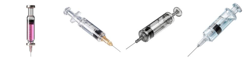 collection of medical syringes filled with colored liquids on transparent background