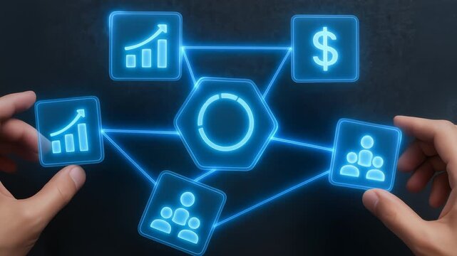 Finance budget forecast 2026 concept with hands connecting glowing icons of growth, money, team collaboration for strategic planning success