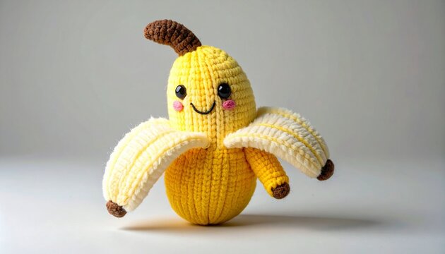 Crocheted banana plush toy with smiling face and flared peel on neutral background
