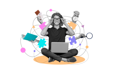 Creative drawing collage picture of funny young man workers multitasking skill freak bizarre unusual fantasy billboard