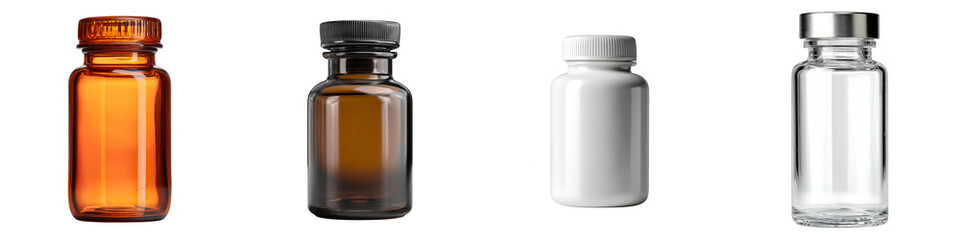 assorted glass bottles amber brown white clear variations on transparent background