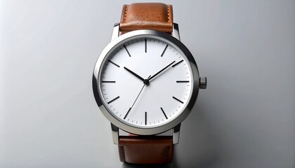 Minimalist wristwatch with brown leather strap and silver case on neutral background