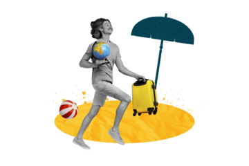 Composite photo collage of happy man run sand beach hold suitcase globe travel preparation umbrella tourism isolated on painted background