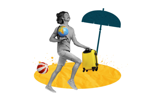 Composite photo collage of happy man run sand beach hold suitcase globe travel preparation umbrella tourism isolated on painted background