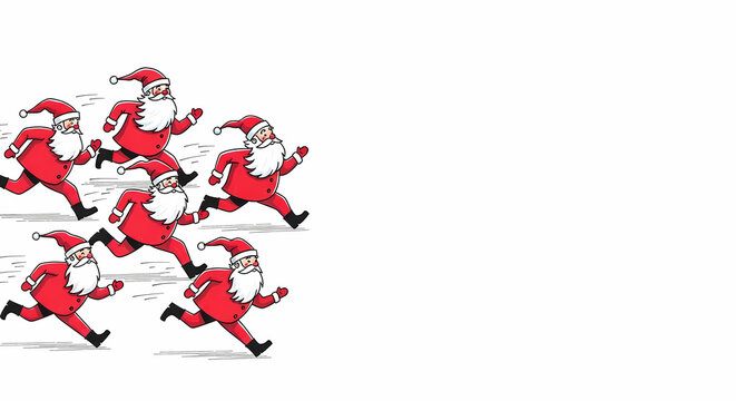 Group of Santa Clauses running in winter for Santa Run event  