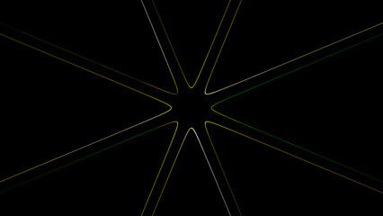 Minimalist starburst pattern with thin lines in yellow, white, and green on a dark black background