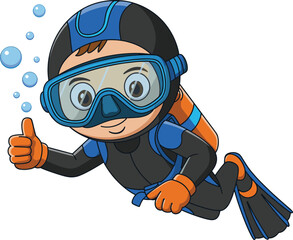 Cartoon child scuba diving underwater, cheerful kid in wetsuit, diving mask, oxygen tank, marine bubbles, thumbs up, ocean adventure