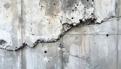 Aged concrete wall with circular indentations, cracks, and rough texture