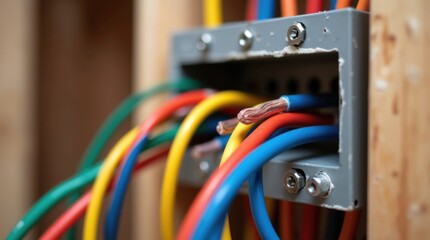 Cables eléctricos de colores con diferentes colores y espesores de aislamiento conectados dentro de una caja de conexiones abierta de metal