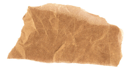 Torn rectangular crumpled piece of brown kraft paper with rough edges and natural texture, isolated for scrapbooking, collage, or design decoration
