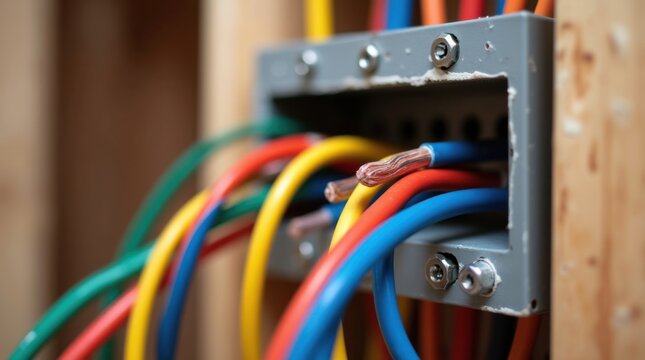 Cables el&eacute;ctricos de colores con diferentes colores y espesores de aislamiento conectados dentro de una caja de conexiones abierta de metal