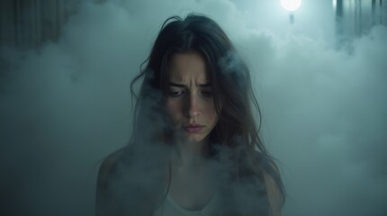 Fototapeta premium Mujer rodeada de niebla flotante dentro de su habitación, simbolizando sobrecarga mental, ansiedad y pérdida de claridad