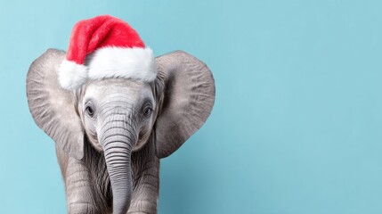 A young elephant wearing a red Santa hat against a light blue background. The elephant has large ears and a trunk, showcasing a playful holiday spirit.