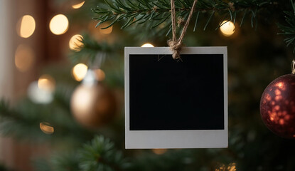 Blank black polaroid hanging on Christmas tree with bokeh background