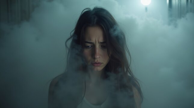 Mujer rodeada de niebla flotante dentro de su habitaci&oacute;n, simbolizando sobrecarga mental, ansiedad y p&eacute;rdida de claridad