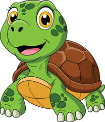 Cartoon green turtle with brown shell, smiling character, cute animal illustration, kids book mascot, cheerful reptile, isolated on white