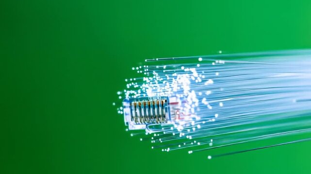Macro Shot of Bright White Fiber Optic Strands Illuminated with Blue Light Against a Vibrant Green Background