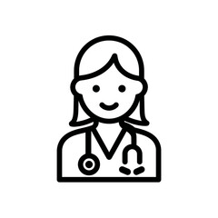 
Female doctor icon, vector line drawing on a white background, simple and minimalistic design, black lines only, no color or shading, professional medical style.