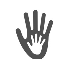 Hand silhouette with child's hand inside icon in simple line art style, dark gray color on white background, high resolution, no shadow and no gradient, vector graphics, flat design, simple lines.