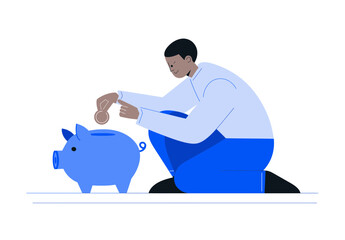 
Flat illustration of a person putting coins into a piggy bank, with a flat vector design and a white background.