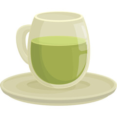 Clear glass mug filled with vibrant green matcha tea beverage on a matching saucer isolated on a transparent background