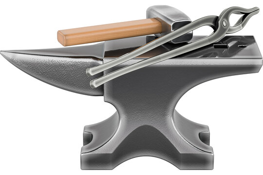 Cast Iron Anvil with Forging Hammer and Blacksmith Tongs, transparent background