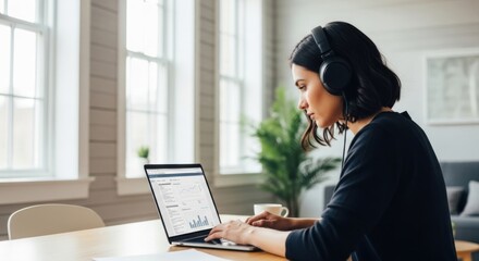 Focused young businesswoman with headphones analyzing financial data on a laptop dashboard. Concept of remote work, business intelligence, and professional concentration.