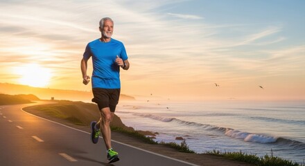 Happy senior man running on a coastal road at sunset. Concept of healthy lifestyle, active retirement, vitality, fitness, and cardiovascular exercise for older adults. Joyful elder.