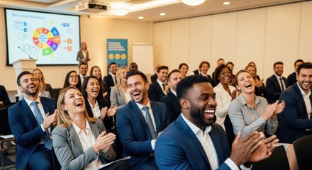 Happy diverse business audience laughing and applauding at a conference. Professional group at a funny seminar presentation. Corporate training success and employee engagement concept.